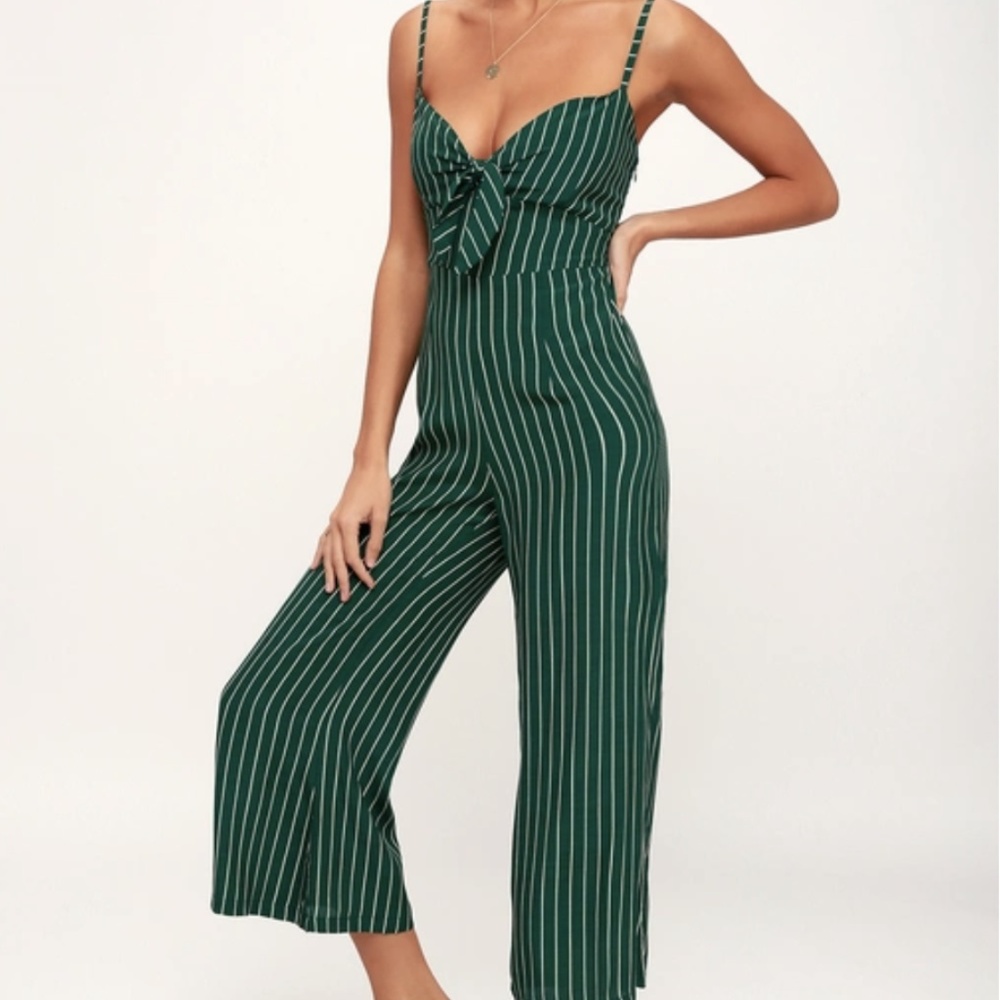 PRESLEY GREEN STRIPED TIE-FRONT JUMPSUIT